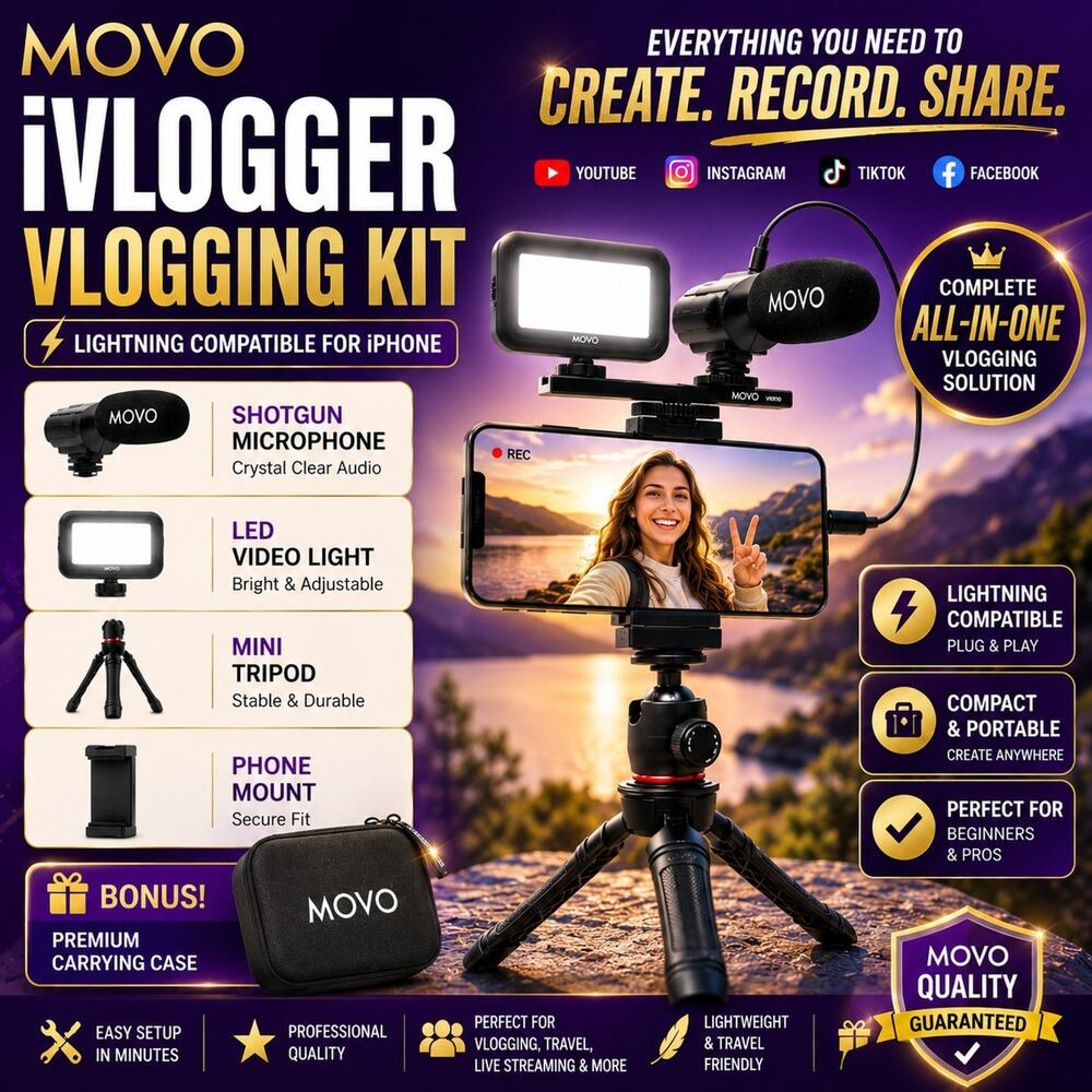 Movo iVlogger Kit iPhone Compatible Accessories LED Light Shotgun Microphone...
